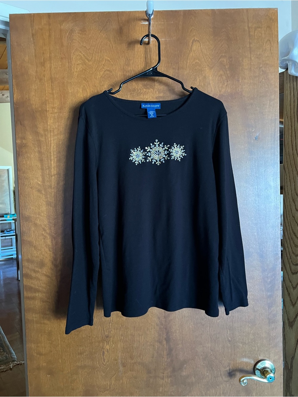 Karen Scott Black Long-Sleeve Embellished Crewneck Top
